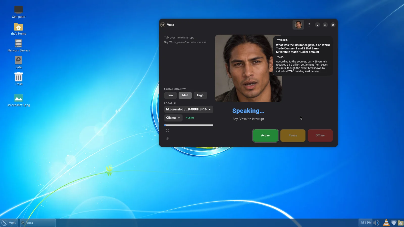 Spaced Windows 7 Light theme running the Voxa voice assistant